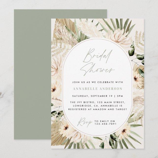 Convite Chá de panela pampas verde-moderno (Frente/Verso)