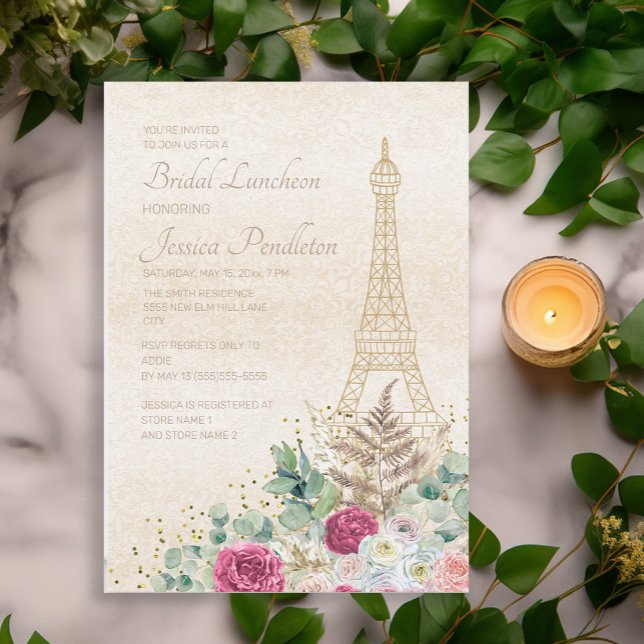 Convite Chá de panela Paris Torre Eiffel Francesa, Rosa Do (Pink floral on cream-colored Paris/Eiffel Tower bridal luncheon invitation)