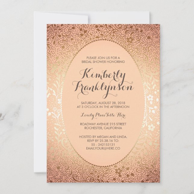 Convite Chá de panela - Peach Blush e Dourada Floral Vinta (Frente)