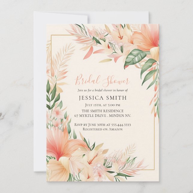 Convite Chá de panela Peach Floral Boho (Frente)