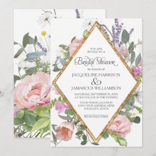 Convite Chá de panela Peony Lavanda Dourada Elegante Flor