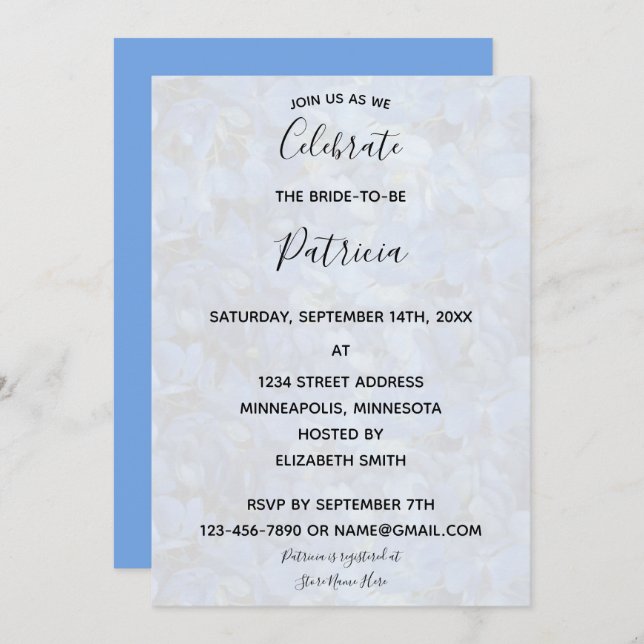 Convite Chá de panela Periwinkle Blue Hydrangeas (Frente/Verso)