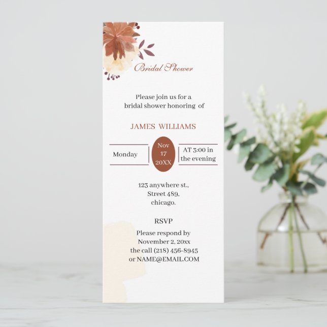 Convite Chá de panela Personalizado de Flor Marrom Russo (Em pé/Frente)