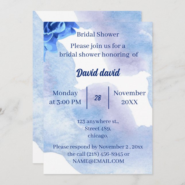 Convite Chá de panela Personalizado de Flores Azuis Elegan (Frente/Verso)