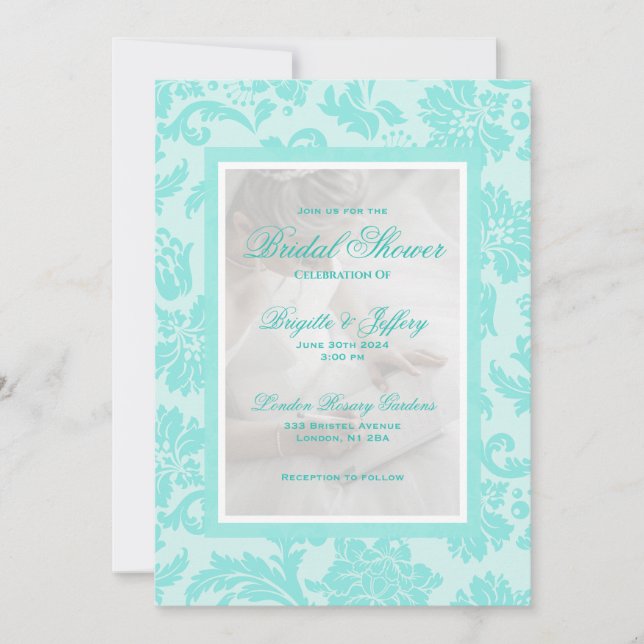 Convite Chá de panela personalizado Elegante Teal Damask (Frente)