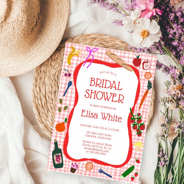 Convite Chá de panela PERSONALIZADO Gingham Picnic Moderno (Gingham Picnic Modern Cute CUSTOM Bridal Shower Invitation
)