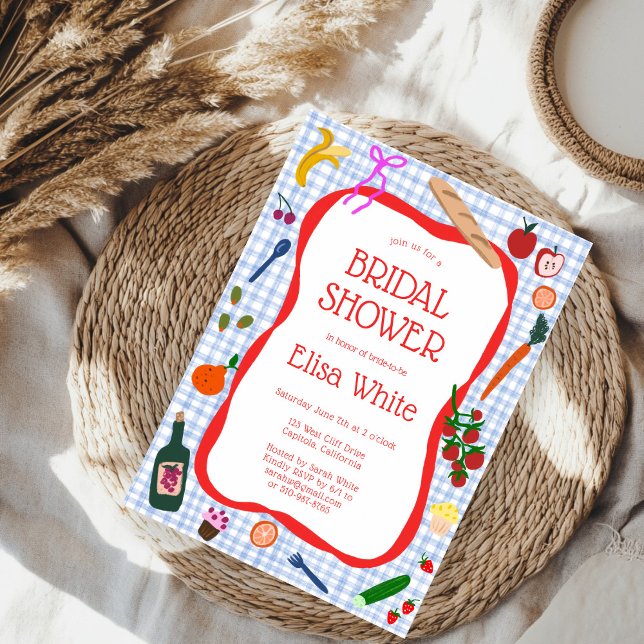 Convite Chá de panela PERSONALIZADO Gingham Picnic Moderno (Gingham Picnic Modern Cute CUSTOM Bridal Shower Invitation
)