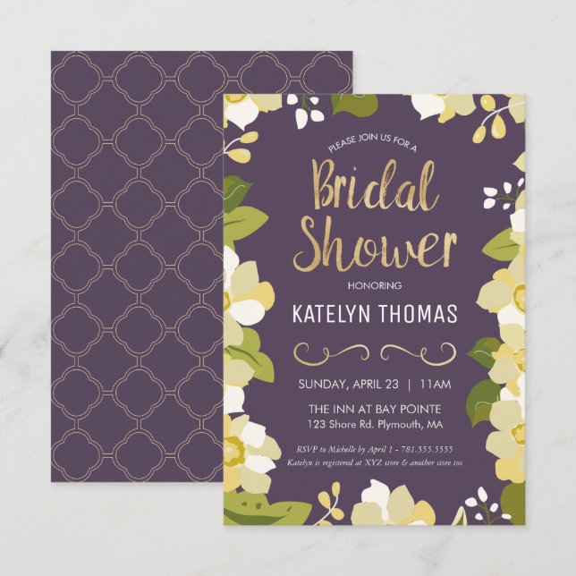 Convite Chá de panela, Personalizar Floral com Dourado (Frente/Verso)