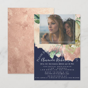 Convite Chá de panela Photo Floral Birthday Marinho Peach