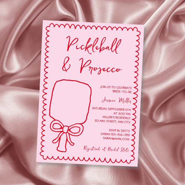 Convite Chá de panela Pickleball e Prosecco Rosa Reproduzi (Pickleball & Prosecco Playful Pink Bridal Shower Invitation)