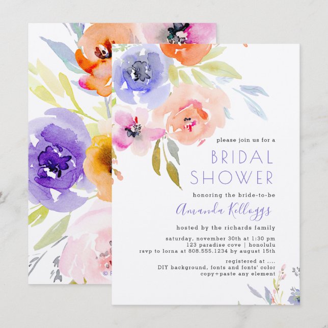 Convite Chá de panela PixDezines Floral Primavera Watercol (Frente/Verso)