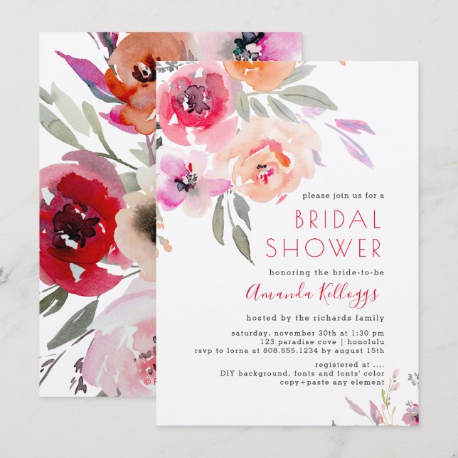 Convite Chá de panela PixDezines Watercolor Verão Floral (Frente/Verso)