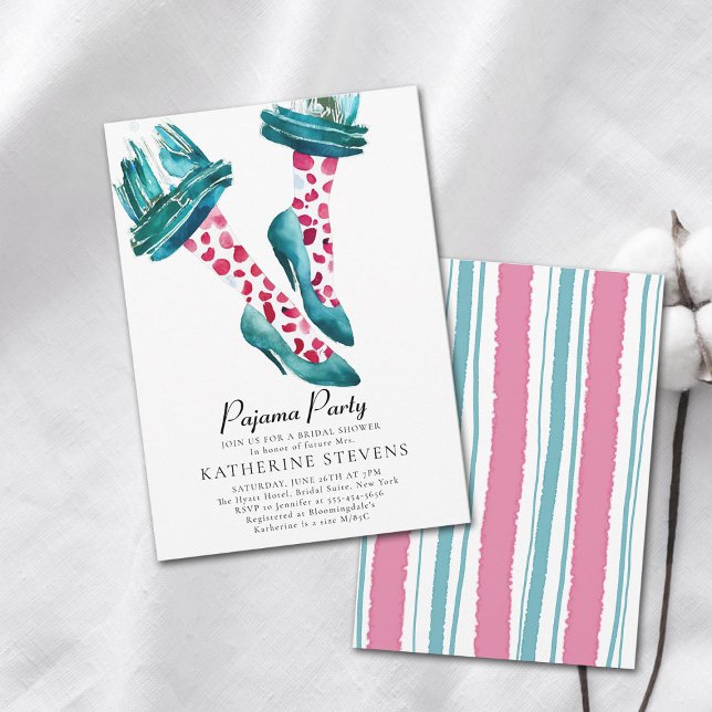 Convite Chá de panela PJ Stilettos do Partido Pajama Rosa (pajama party bridal shower invitation whimsical watercolor unique original art pj stilettos cute)