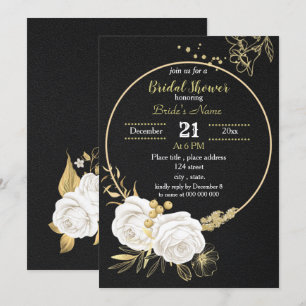 Convite chá de panela preto branco e dourado círculo flo