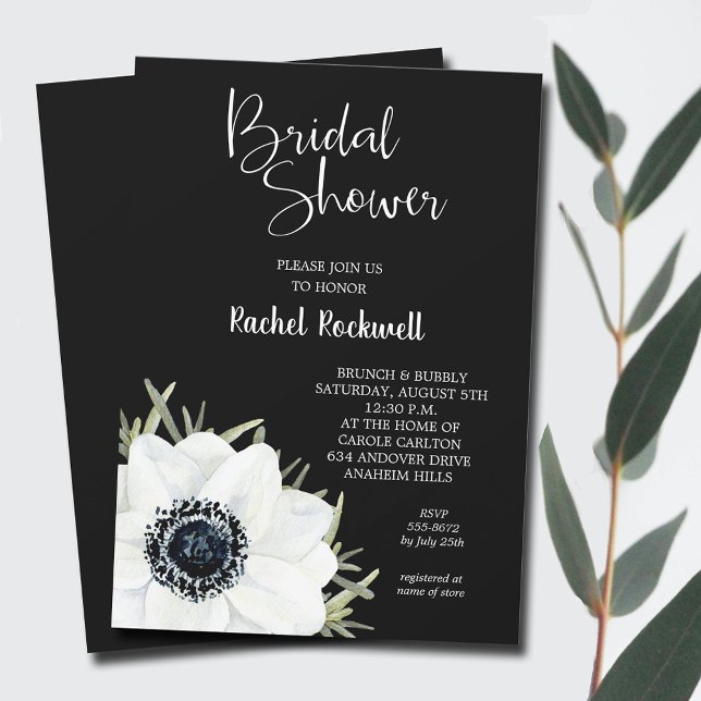 Convite Chá de panela Preto de Flores Brancas (Black White Flowers Bridal Shower Invitations - INSTANT DOWNLOAD and/or PRINTED)