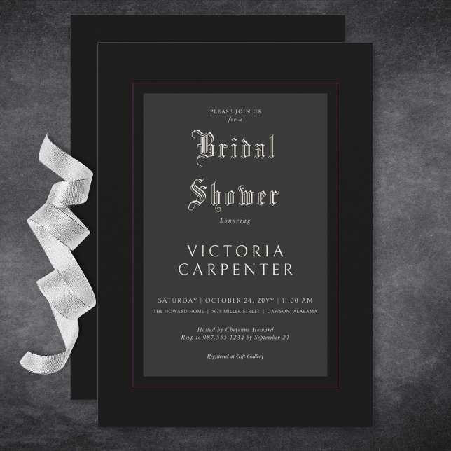 Convite Chá de panela Preto e Borgonha Mínimo Gótico Escur (Dark Gothic Minimal Black & Burgundy Bridal Shower Invitation)
