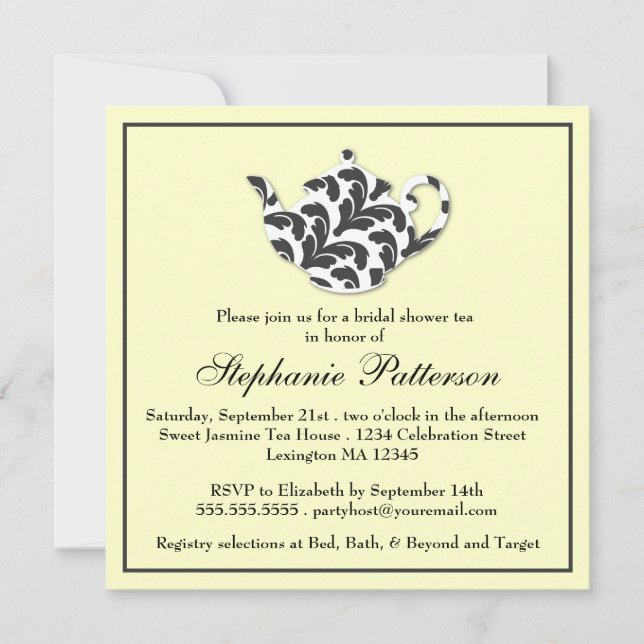 Convite Chá de panela preto-e-branco Damask Tea Party (Frente)