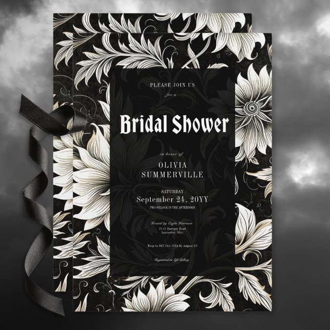 Convite Chá de panela preto e branco de Vintage preto (Dark Vintage Black & White Damask Bridal Shower Invitation)
