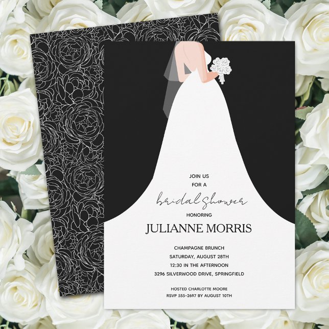 Convite Chá de panela preto e branco legante (Elegant Bride Black and White Bridal Shower Invitations)