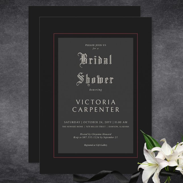 Convite Chá de panela Preto e Vermelho Mínimo Gótico Escur (Dark Gothic Minimal Black & Red Bridal Shower Invitation)