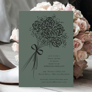 Convite Chá de panela preto Elegante Rose Bouquet