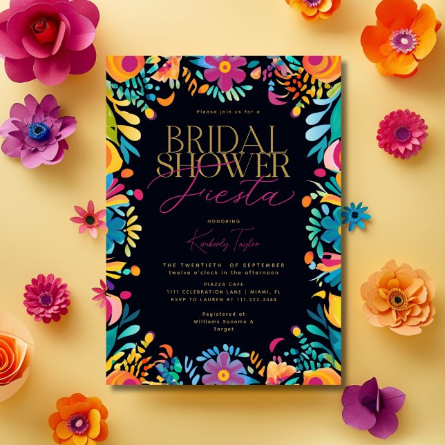 Convite Chá de panela Preto Fiesta Mexicano (Mexican Fiesta Black Bridal Shower Invitation)
