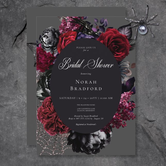 Convite Chá de panela Preto Floral de Glama do Halloween E (Dark Halloween Glam Floral Black Bridal Shower Invitation)