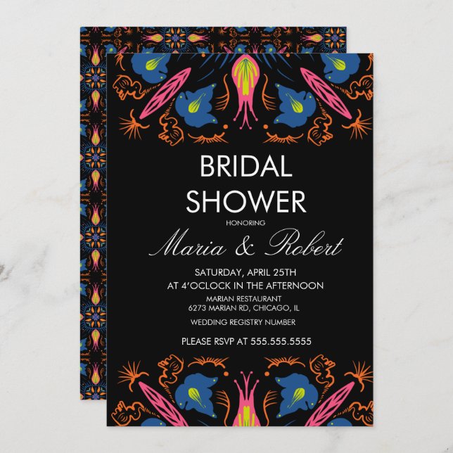 Convite Chá de panela Preto Floral do Elefante Indiano (Frente/Verso)