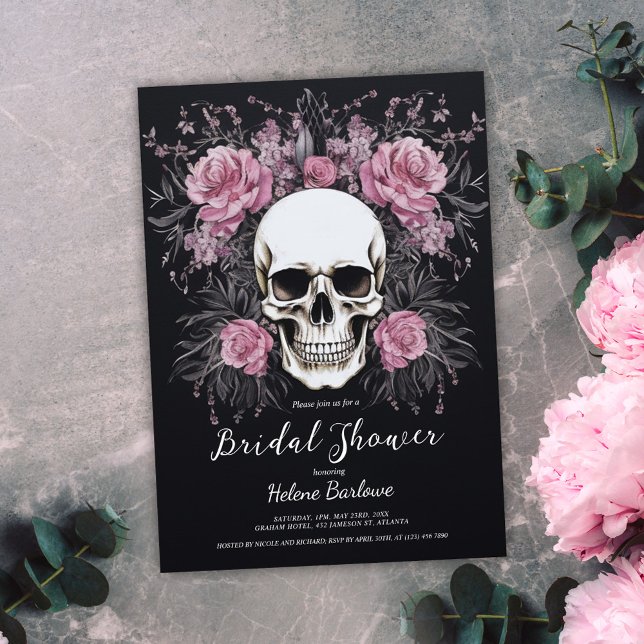 Convite Chá de panela Preto Floral Gótico Escuro (Dark Gothic Floral Black Bridal Shower Invitation)
