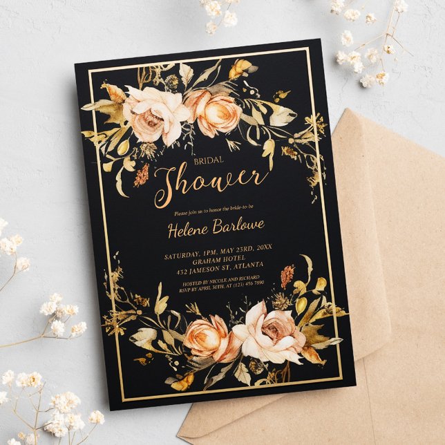 Convite Chá de panela Preto Floral Moderno (Black Floral Modern Bridal Shower Invitation)