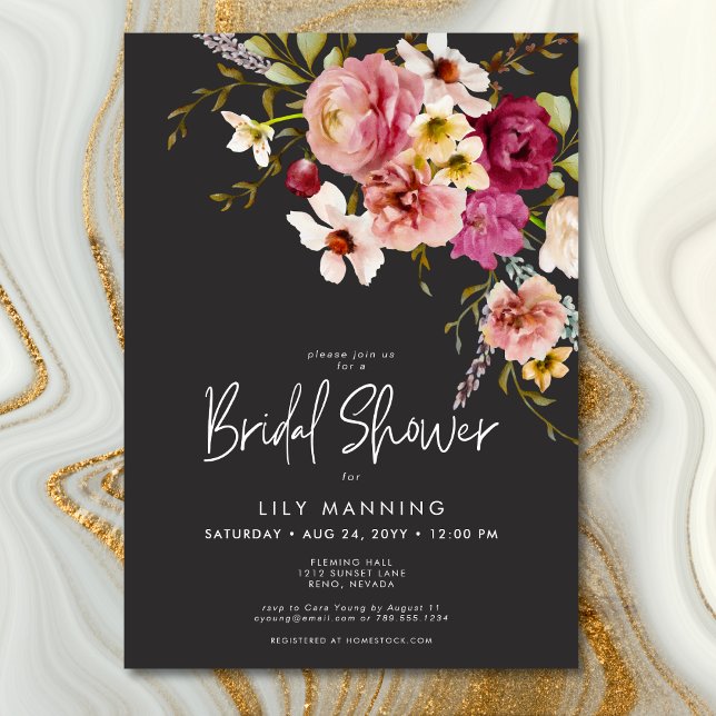 Convite Chá de panela Preto Floral Moderno Elegante (Modern Elegant Meadow Floral Black Bridal Luncheon Invitation)