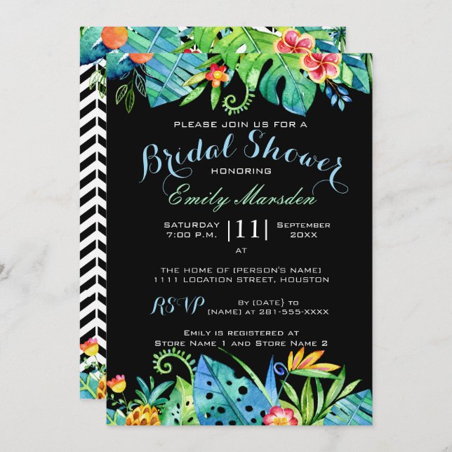 Convite Chá de panela preto floral tropical (Frente/Verso)