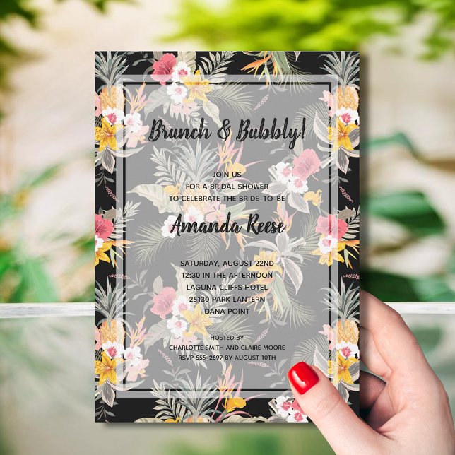 Convite Chá de panela Preto Floral Tropical (Brunch and Bubbly Tropical Bridal Shower Invitations - INSTANT DOWNLOAD and/or PRINTED)