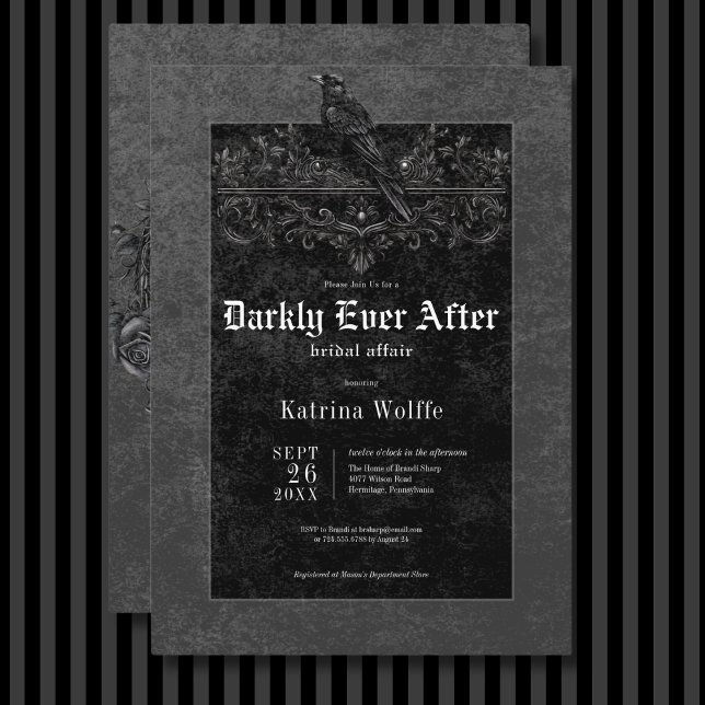 Convite Chá de panela Preto Gótico Raven e Rosas Preto (Gothic Black Raven & Roses Black Bridal Shower Invitation)