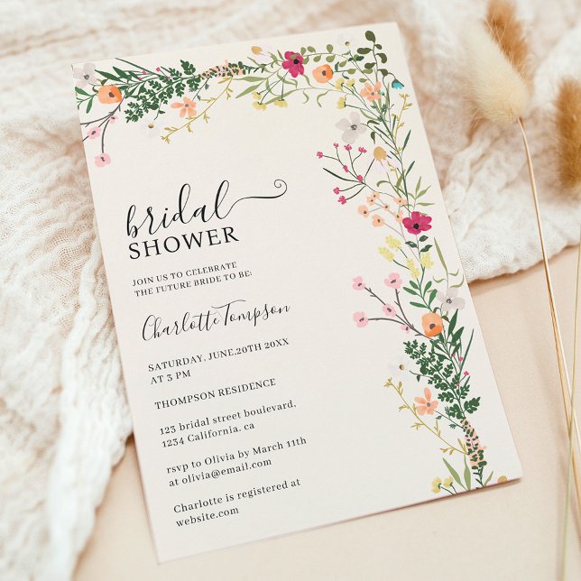 Convite Chá de panela primavera de flores silvestres do ca (Bohemian meadow wild flowers spring bridal shower invitation)