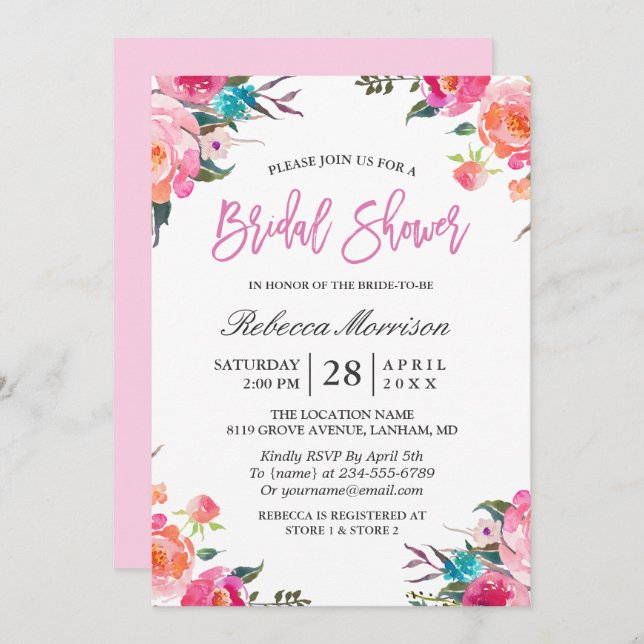 Convite Chá de panela primavera | Watercolor Botanical Flo (Frente/Verso)