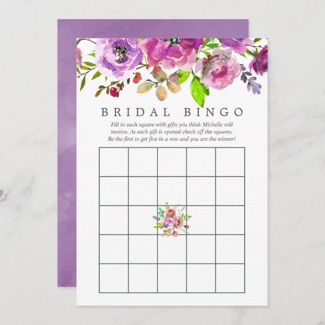 Convite Chá de panela primavera Watercolor Floral Bingo (Frente/Verso)