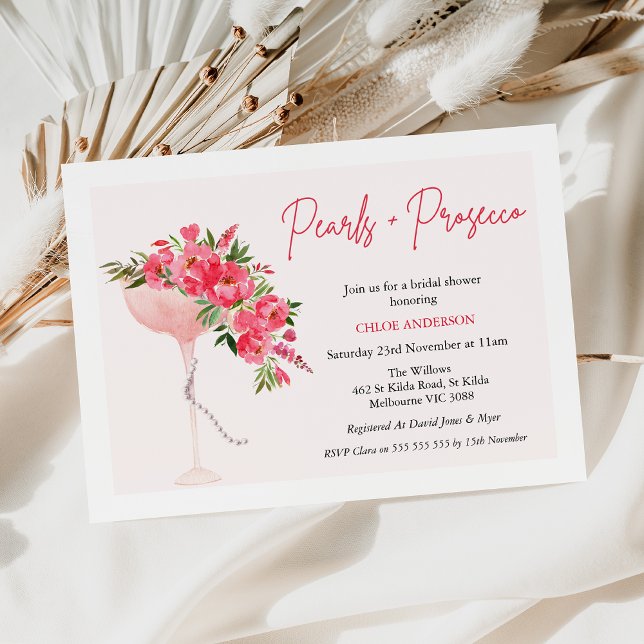 Convite Chá de panela Prosecco - Pérolas Vermelhas Moderna (Modern Red Floral Pearl and Prosecco Bridal Shower Invitation, Pearls Prosecco Invitation Template)