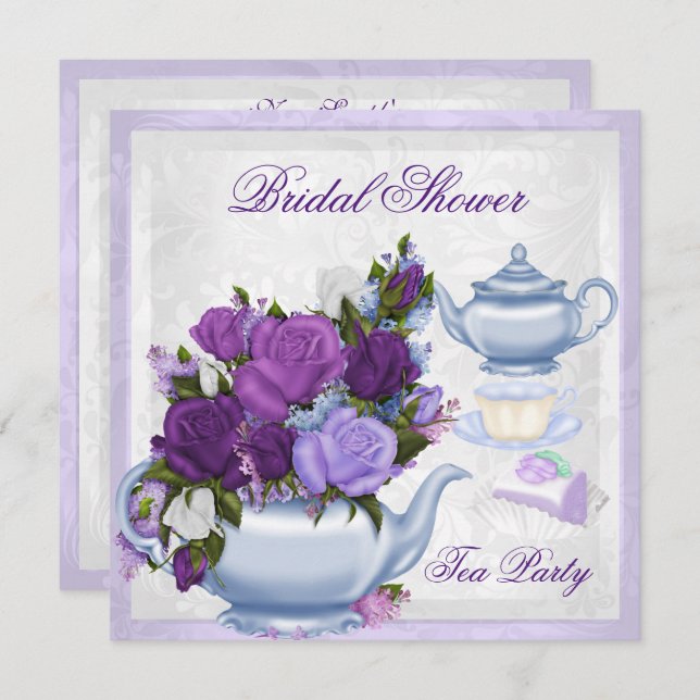 Convite Chá de panela Purple Blue Floral Tea Party (Frente/Verso)