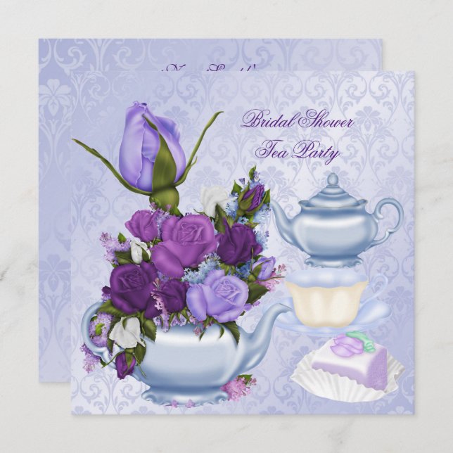 Convite Chá de panela Purple Floral Tea Party (Frente/Verso)