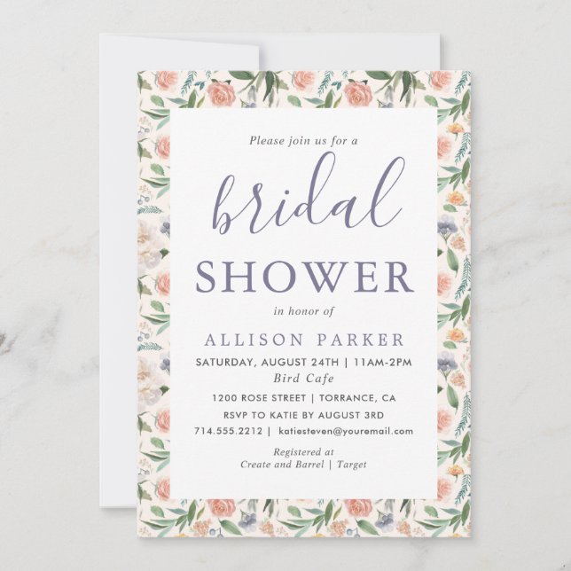 Convite Chá de panela Púrpura de Padrão Floral de Jardim V (Frente)