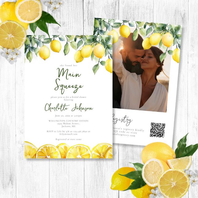 Convite Chá de panela QR de Foto de Aquarela Principal (Main Squeeze Watercolor Photo QR Bridal Shower Invitation)