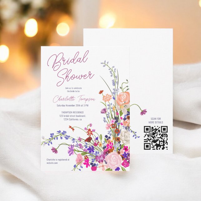Convite Chá de panela QR de script de flores selvagens mod (Modern wild flowers script bridal shower QR Invitation)