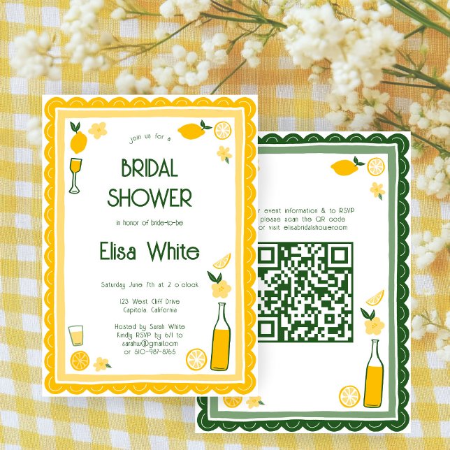 Convite Chá de panela QR PERSONALIZADO de Limoncello Lemon (Limoncello Lemonade Lemons CUSTOM QR Code Cute Bridal Shower Invitation
)
