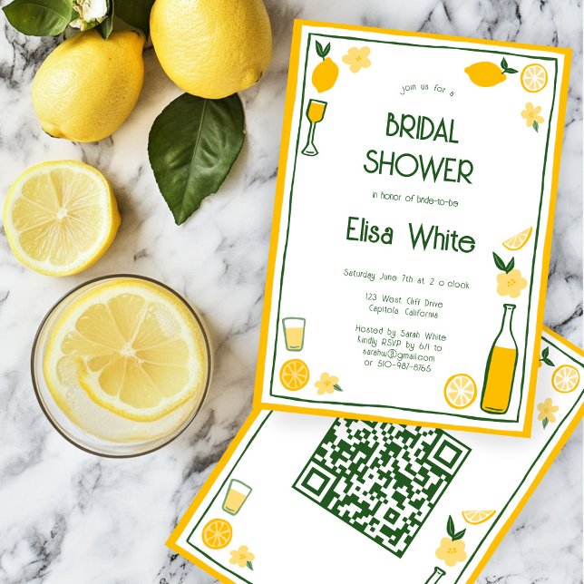 Convite Chá de panela QR PERSONALIZADO de Limoncello Lemon (Limoncello Lemonade Lemons CUSTOM QR Code Cute Bridal Shower Invitation
)
