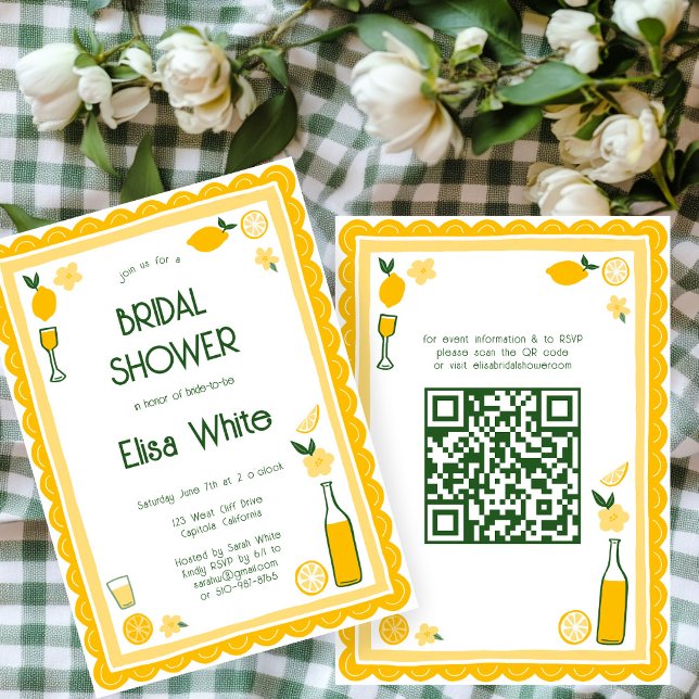 Convite Chá de panela QR PERSONALIZADO de Limoncello Lemon (Limoncello Lemonade lemons CUSTOM QR Code Cute Bridal Shower Invitation
)