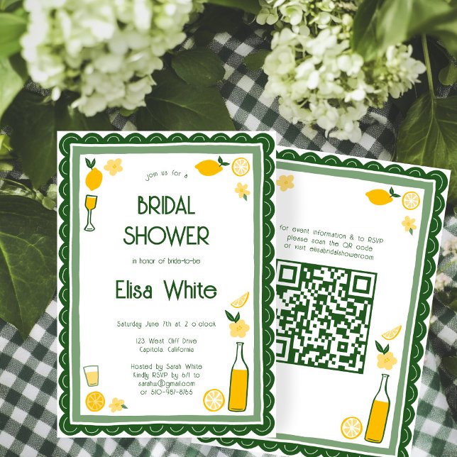 Convite Chá de panela QR PERSONALIZADO de Limoncello Lemon (Limoncello Lemonade Lemons CUSTOM QR Code Cute Bridal Shower Invitation
)