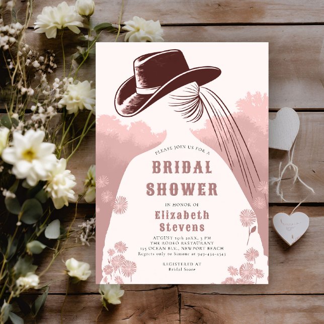 Convite Chá de panela Quadrado Russo de Flores Selvagens R (western bridal shower invitation prairie wildflowers cowgirl cowboy hat dusty pink modern elegant)