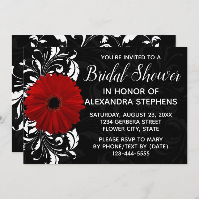 Convite Chá de panela Red Black and White Gerbera Daisy (Frente/Verso)