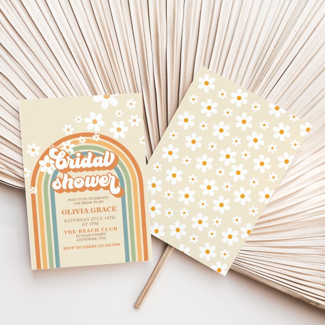 Convite Chá de panela Retro Rainbow Daisy Groovy (Criador carregado)